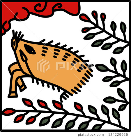 彩色方形簡約花札風月萩野豬七月萩和野豬 彩色方形簡約花札風月萩野豬七月萩和野豬 124229926