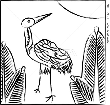 Brush-written square Hanafuda card - January, Pine and Crane - January, Pine and Crane 124230102