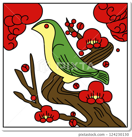 貼紙式方形花札 - 夜鶯、如月、梅、二月、梅和夜鶯 貼紙式方形花札 - 夜鶯、如月、梅、二月、梅和夜鶯 124230130