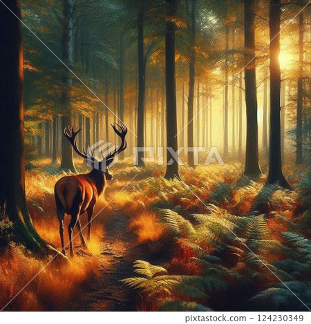 Deer walking through a mysterious forest 124230349