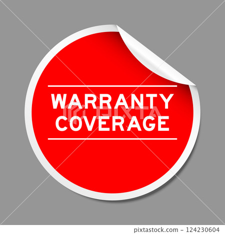 Red color peel sticker label with word warranty coverage on gray background 124230604