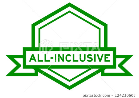 Vintage green color hexagon label banner with word all-inclusive on white background 124230605