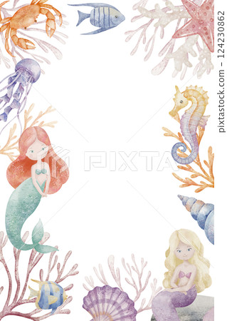 Watercolor template with Mermaids, fish, and sea creatures. Marine fairy tale Background for childish invitations or baby greeting cards. Illustration of underwater Frame for nursery posters. Watercolor template with Mermaids, fish, and sea creatures. Marine fairy tale Background for childish invitations or baby greeting cards. Illustration of underwater Frame for nursery posters. 124230862
