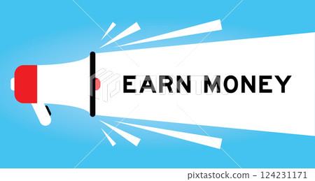 Color megaphone icon with word earn money in white banner on blue background Color megaphone icon with word earn money in white banner on blue background 124231171