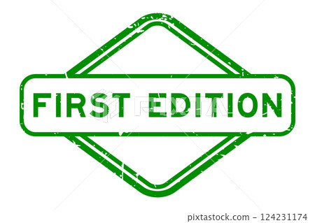 Grunge green first edition word rubber seal stamp on white background 124231174