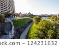 A river flowing through the city and a refreshing walk on an autumn morning [Naka River flowing near Takeshita Station, Fukuoka Prefecture] 124231632