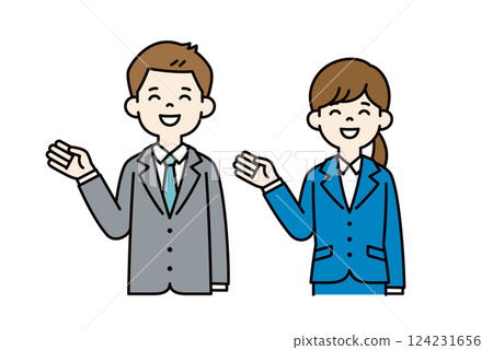 Simple vector illustration of male and female office workers explaining with their hands_color 124231656