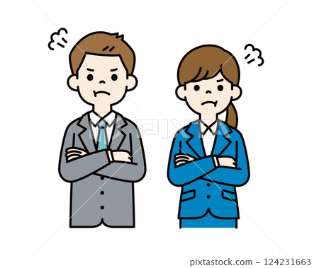 Simple vector illustration of male and female office workers getting angry with their arms crossed_Color 124231663