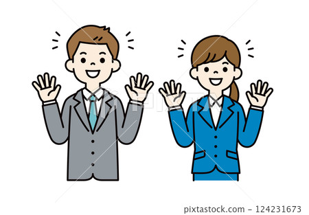 簡單的向量插圖，描繪男性和女性辦公室職員張開雙臂歡呼雀躍_顏色 124231673
