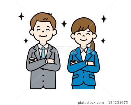 一張簡單的向量插圖，描繪了笑容滿面的男性和女性辦公室職員 124231675