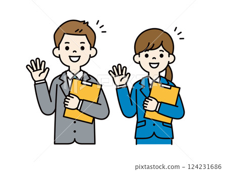 Simple vector illustration of male and female office workers greeting with a file in hand_Color Simple vector illustration of male and female office workers greeting with a file in hand_Color 124231686