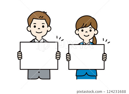 A simple vector illustration of a male and female office worker holding a white board with a smile_Color 124231688