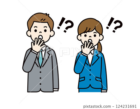 A simple vector illustration of a male and female office worker who is surprised with their hands over their mouths_Color 124231691