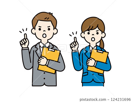 簡單的向量插圖，顯示男性和女性辦公室職員一手拿著文件，顏色 124231696