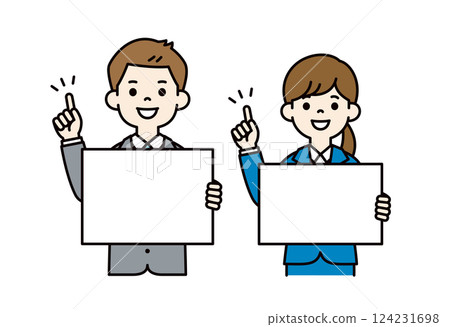 男性和女性辦公室職員拿著板子解釋要點的簡單向量插圖_顏色 124231698