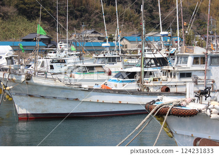 Fishing boats tightly moored at the fishing port 124231833
