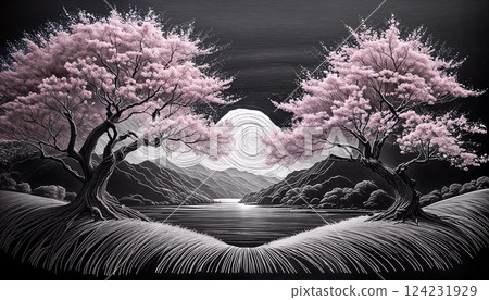 黑板上用粉筆畫的櫻花樹 124231929