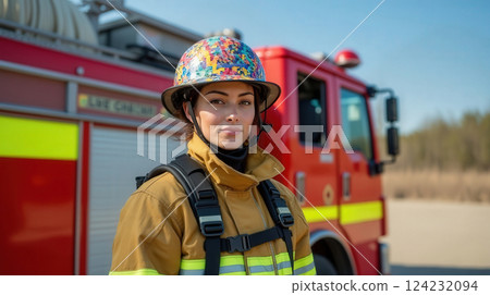 Confident Female Firefighter in Colorful Helmet by Fire Truck 124232094