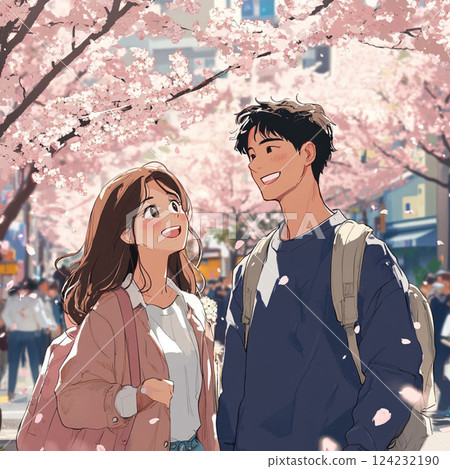A couple having a cherry-blossom view A couple having a cherry-blossom view 124232190