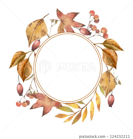 Fall seasonal frame with colorful leaves and red berries watercolor illustration. Hand drawn autumn floral banner, harvest season botanical art for label,logo, poster design 124232211
