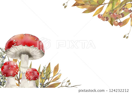 Autumn forest floral banner with red agaric mushrooms, berries and colorful leaves. Hand drawn botanical frame with fungus and leaves for fall season poster, packing, card design 124232212
