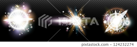 Set of flash light effect with glare and glow on a transparent background. Magic, rainbow glow, shining light, stars, optical flares for design, photomontage, New Year and holiday projects. 124232274