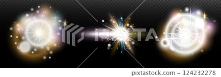 Set of flash light effect with glare and glow on a transparent background. Magic, rainbow glow, shining light, stars, optical flares for design, photomontage, New Year and holiday projects. 124232278