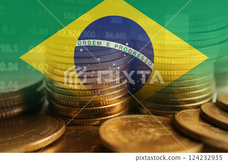 Brazil flag with stock market finance, economy trend graph digital technology. 124232935