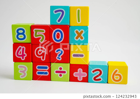 Number wood block cubes for learning Mathematic, education math. 124232943