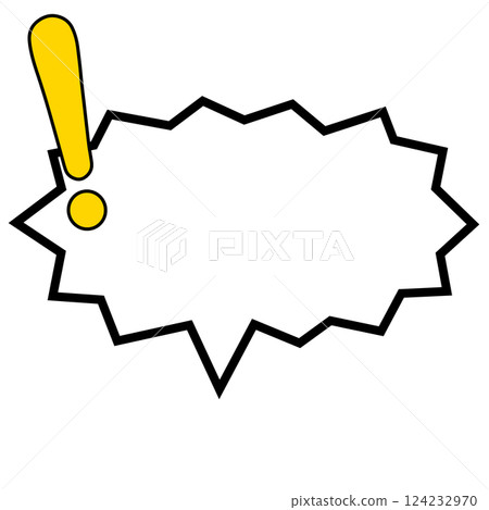 A horizontal, yellow, solid-colored speech bubble with a zigzag shape and an exclamation mark on the left A horizontal, yellow, solid-colored speech bubble with a zigzag shape and an exclamation mark on the left 124232970