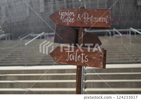 Wooden Signpost with Directions to Coffee and Toilets in the Park 124233017
