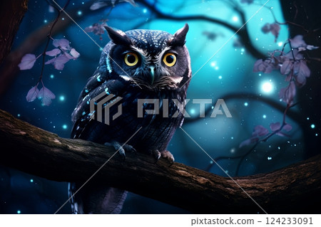 Owl perched in tree staring intently 124233091