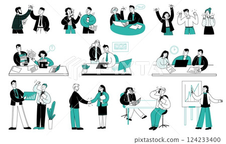 Office people sketch. Sketch business team corporate characters working, meeting and communicating, linear workers scenes. Vector busy people doodle set 124233400