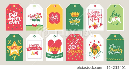 Mothers Day tag. Cute gift card stickers with floral elements and modern lettering, cartoon doodle labels for mom holiday greeting design. Vector isolated set 124233401
