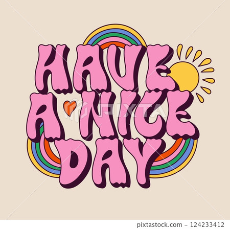 Groovy slogan. Psychedelic retro lettering with retro hippie sun and rainbow symbols, 60s vintage motivation sticker. Vector hippy text illustration 124233412