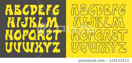 Hippie font. Psychedelic retro alphabet with 60s hippy distortion style, modern bold typeface for fashion t-shirt design, logo or poster. Vector font glyphs set Hippie font. Psychedelic retro alphabet with 60s hippy distortion style, modern bold typeface for fashion t-shirt design, logo or poster. Vector font glyphs set 124233413