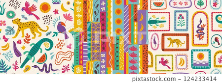 Exotic patchwork. Seamless print of tropical flowers animals and leaves, abstract tropic floral geometric shapes with jungle safari motifs. Vector boho texture Exotic patchwork. Seamless print of tropical flowers animals and leaves, abstract tropic floral geometric shapes with jungle safari motifs. Vector boho texture 124233414