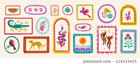 Abstract Hawaiian summer shapes. Vintage flowers fruits and leaves mosaic, cartoon tropical animals and people, tribal colorful ethnic collage style. Vector isolated set Abstract Hawaiian summer shapes. Vintage flowers fruits and leaves mosaic, cartoon tropical animals and people, tribal colorful ethnic collage style. Vector isolated set 124233415