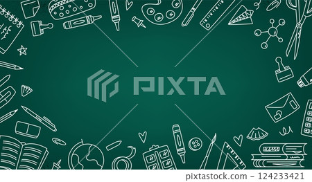 Blackboard with doodles frame. School chalkboard with educational hand drawn elements, children chalk stationery icons border board design. Vector illustration Blackboard with doodles frame. School chalkboard with educational hand drawn elements, children chalk stationery icons border board design. Vector illustration 124233421