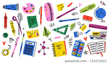 Cute school elements. Doodle Supplies and stationery, cartoon colorful icons, childish flat pencil notebook calculator ruler glue brush pen, back to school stuff. Vector set 124233422