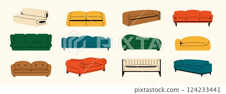Trendy sofas set. Modern apartment couch, home interior and flat furniture, comfortable couches lounge for living room, Scandinavian style flat design. Vector sofa collection Trendy sofas set. Modern apartment couch, home interior and flat furniture, comfortable couches lounge for living room, Scandinavian style flat design. Vector sofa collection 124233441