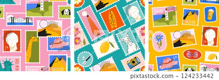 Summer stamp pattern. Seamless travel post mail stickers, print of retro postmark with cartoon vacation symbols, tourist postage label design. Vector stamps texture 124233442