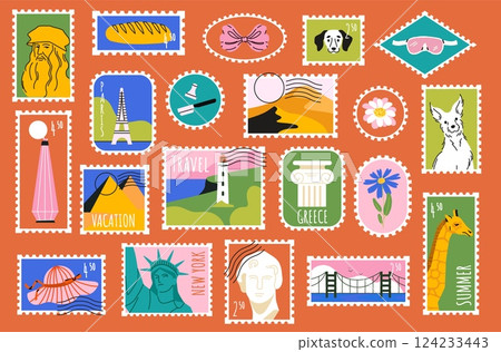 Travel sticker stamp. Vintage postcard label, retro postal stamps with country landmarks, cute post mail stickers with famous architecture for travel tour design. Vector collection 124233443