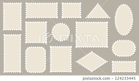 Blank post stamp. Postage frame form, vintage empty postcard stamp frame with perforated border, mail delivery sticker template, philately element. Vector stamps isolated set Blank post stamp. Postage frame form, vintage empty postcard stamp frame with perforated border, mail delivery sticker template, philately element. Vector stamps isolated set 124233445