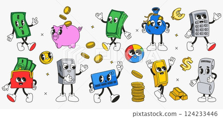 Money retro cartoon character. Groovy investment savings financial 70s 80s funny comic stickers with cash wallet piggy bank coin bag, Y2k psychedelic personages. Vector money set 124233446