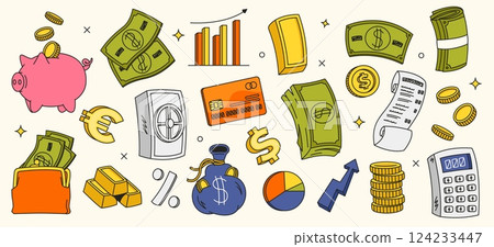 Retro finance sticker. Cartoon 90s money coin gold savings and budget, financial management icons, Y2k doodle credit card, piggy bank, cash and wallet. Vector money isolated set 124233447