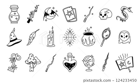 Magic icons. Which tarot wizard astrology mystery symbols, cartoon magician crystal bottle potion cauldron alchemy esoteric witchcraft objects. Vector magic isolated set Magic icons. Which tarot wizard astrology mystery symbols, cartoon magician crystal bottle potion cauldron alchemy esoteric witchcraft objects. Vector magic isolated set 124233450