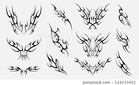 Neo tribal. Y2k tattoo punk gothic abstract symbols, brutalist tribalistic dark decorative elements, metal streetwear logo design, grunge y2k aesthetic. Vector isolated set 124233452