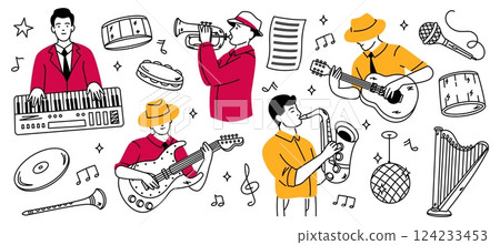 Doodle musicians. Cartoon jazz instruments and players, musicians playing music, jazz orchestra sketch with guitar piano saxophone trumpet percussion. Vector musician isolated set Doodle musicians. Cartoon jazz instruments and players, musicians playing music, jazz orchestra sketch with guitar piano saxophone trumpet percussion. Vector musician isolated set 124233453