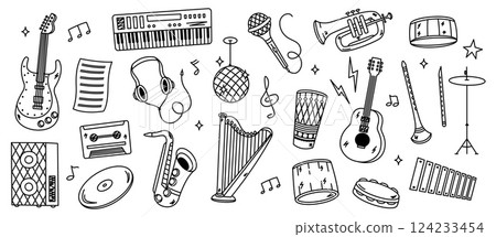 Doodle music instrument icons. Hand drawn funny guitar piano saxophone trumpet, childish sketchy musician melody tools elements. Vector instruments isolated set 124233454